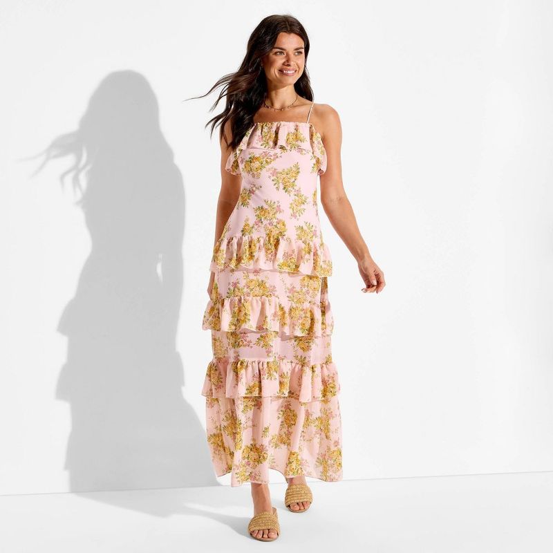Wild Fable Pink Floral Strapless Ruffle Maxi Dress